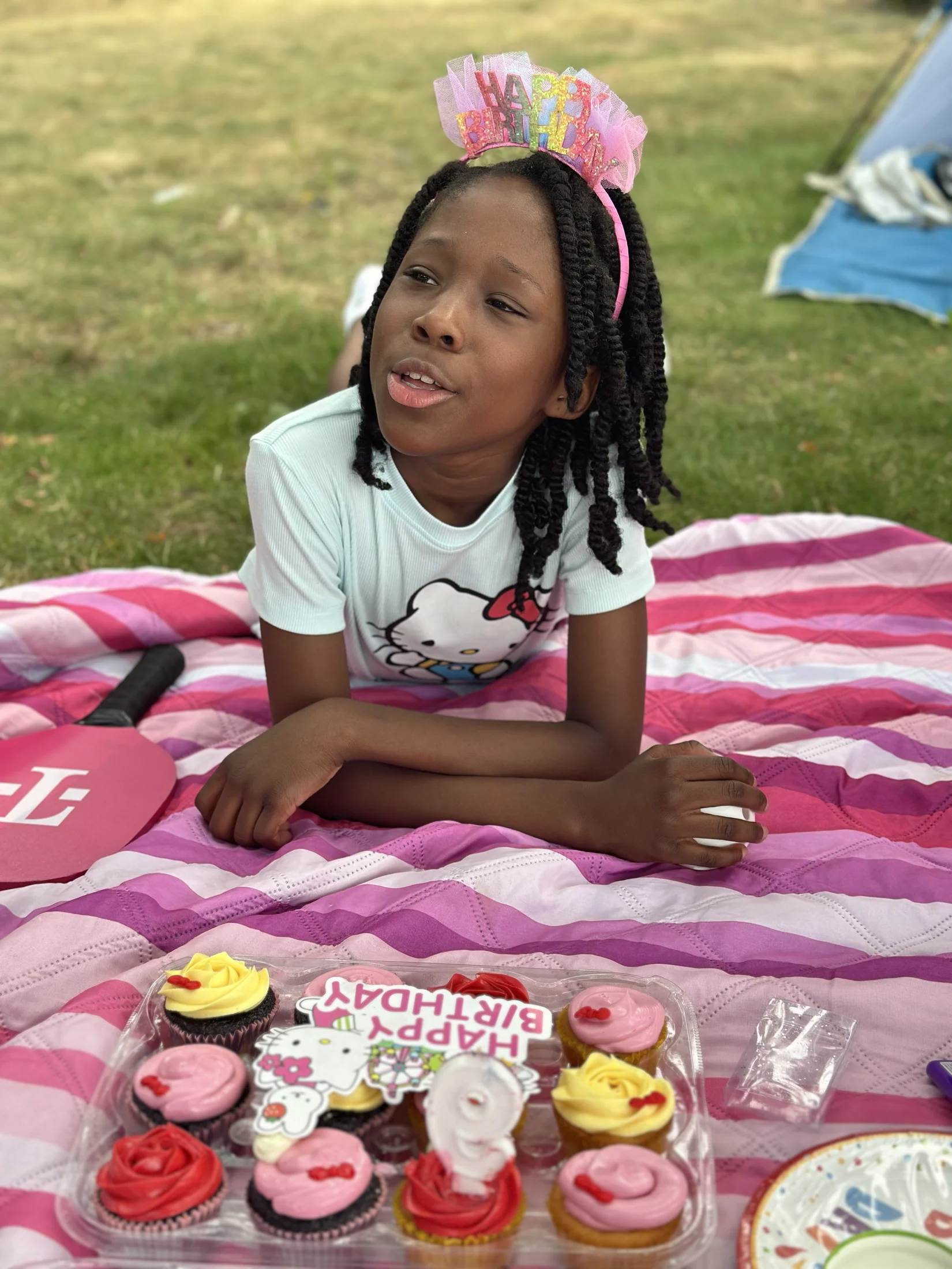 Avi at her birthday picnic with cupcakes